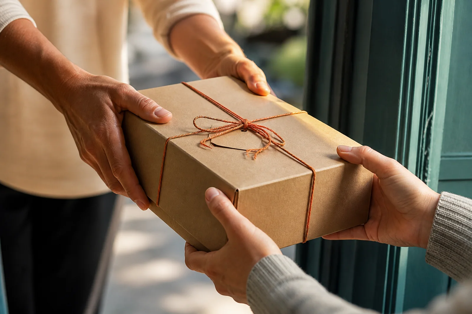 Two people passing a kraft-paper supply box at a welcoming doorway.