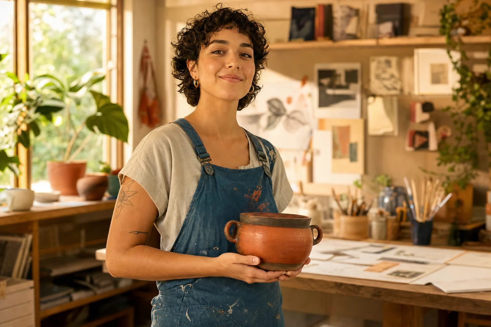 A confident emerging creative holding a finished ceramic piece in their studio.